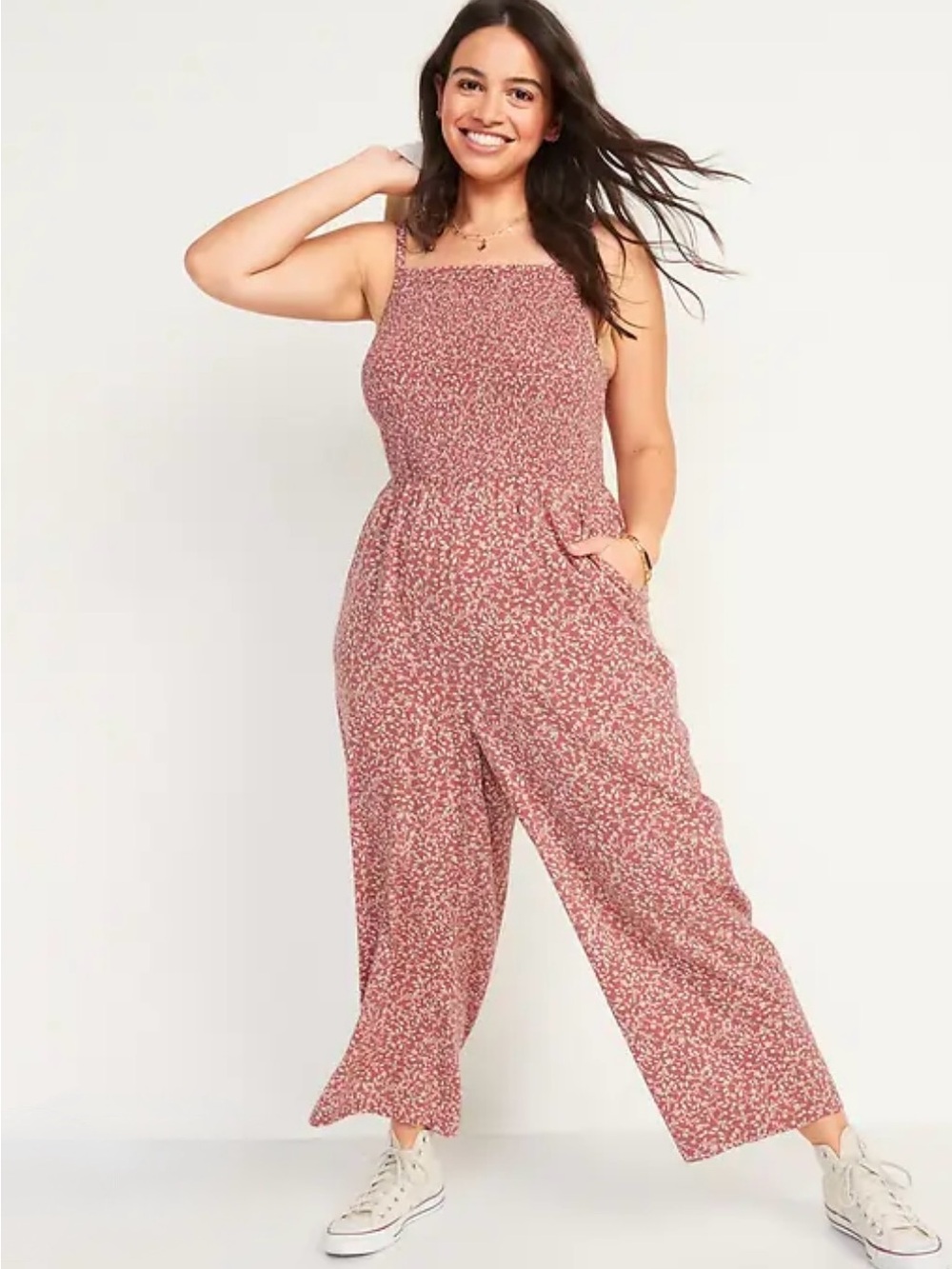 🏜️🌹EUC Old Navy “Smocked Cami Jumpsuit w/Pockets🤗 in Red Ditsy/Desert🏜️Rose🌹”XXL